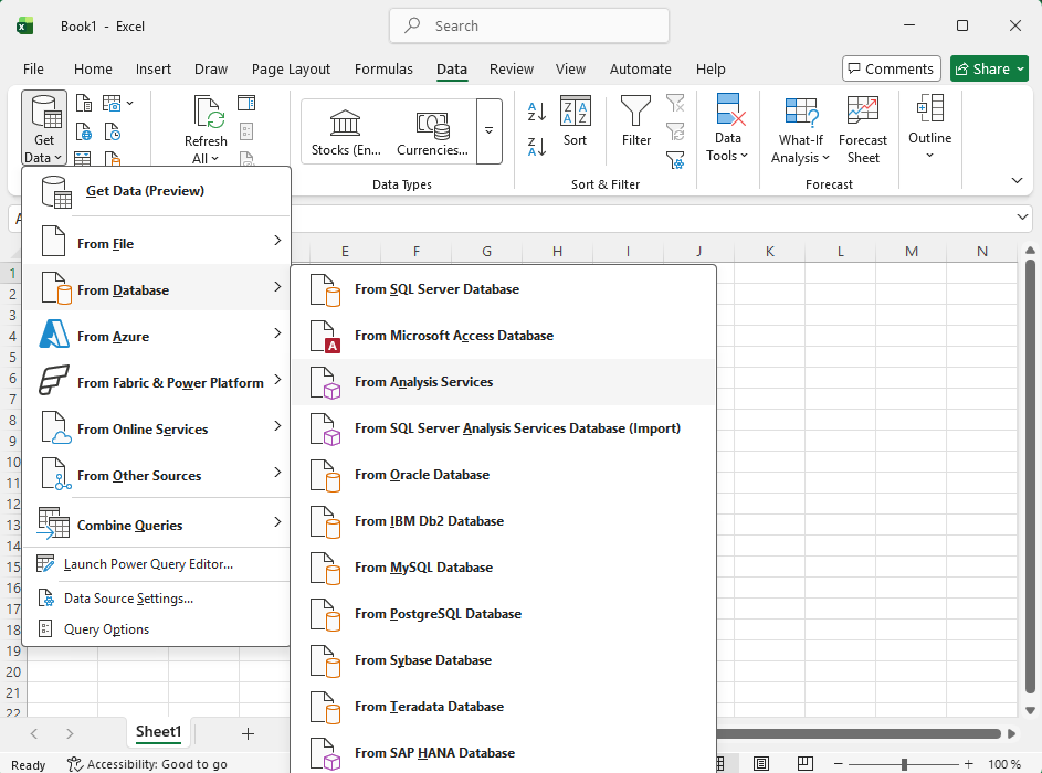 Selecting Get Data -> From Analysis Services