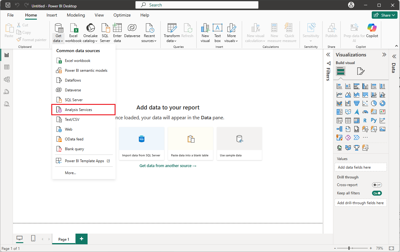 Selecting Get Data -> Analysis Services